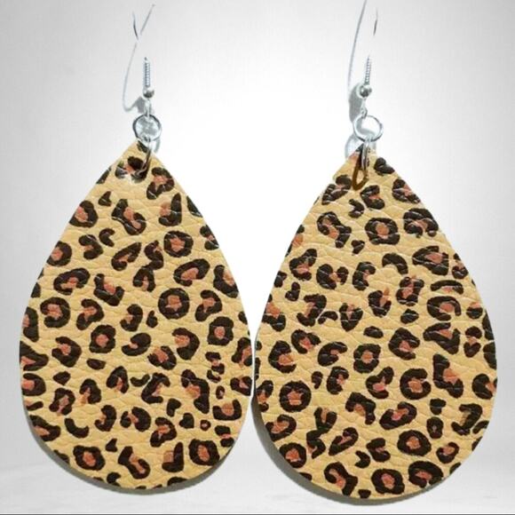 Leopard Cheetah Animal Print Boho Teardrop Vegan Leather Statement Earrings - Picture 2 of 2